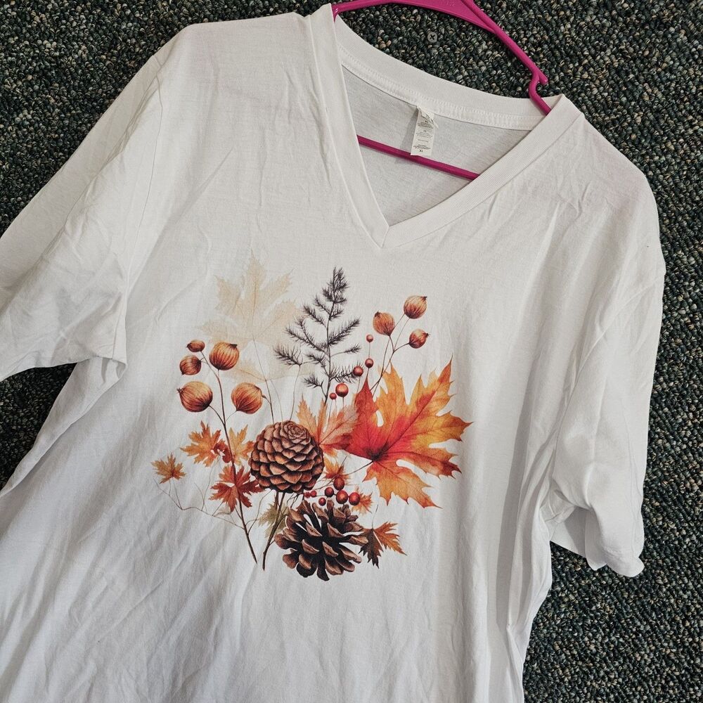 Bella + Canvas Women T-Shirt Size XL White Autumn Pinecone Graphic V Neck Tee